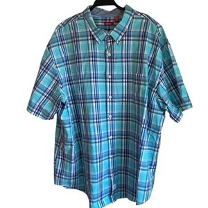 Izod 3XL Short Sleeve Button Down Aqua Blue Plaid